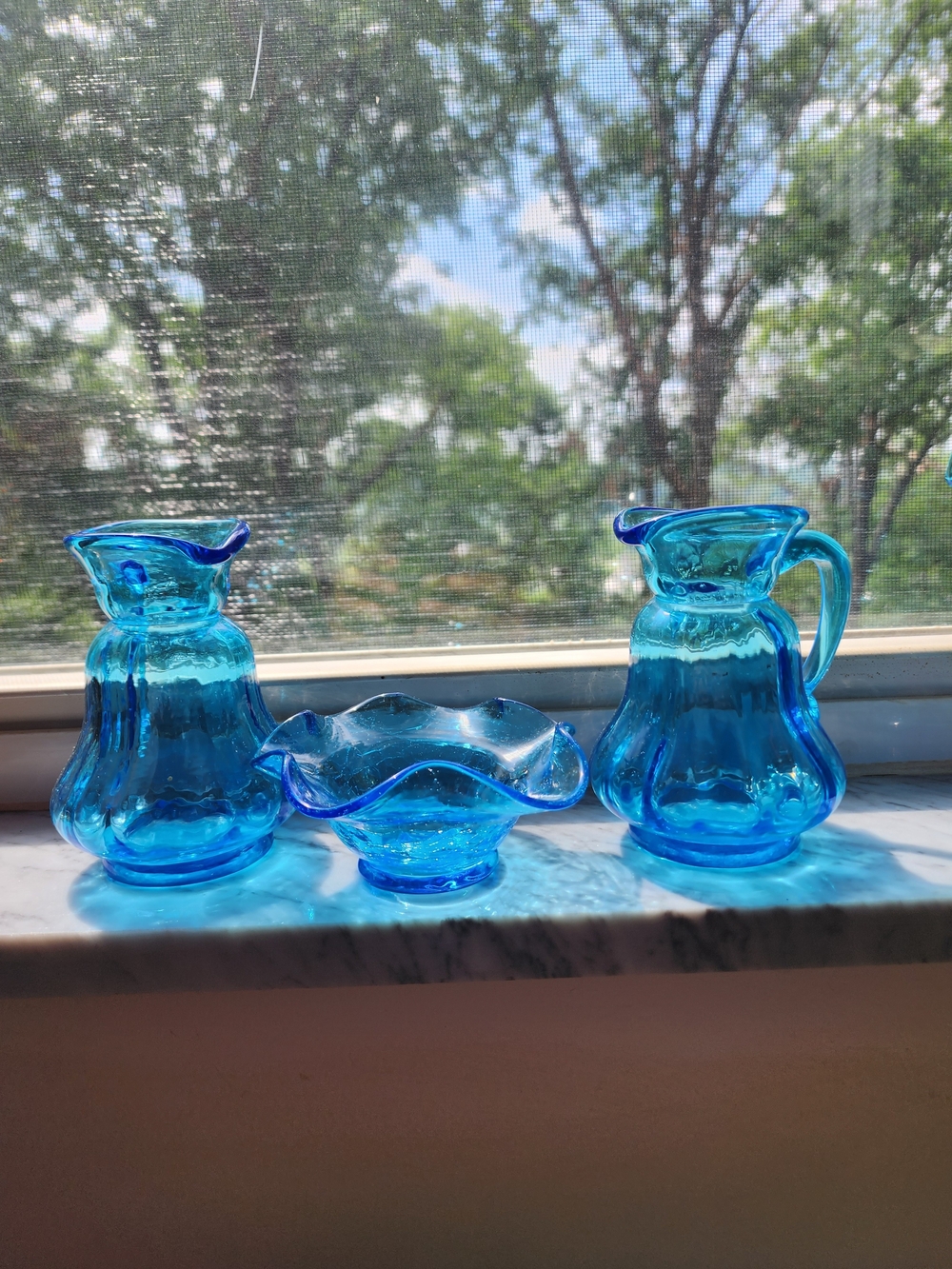 Bright Cobalt Blue Glass Pitchers & Ruffled Bowl Set